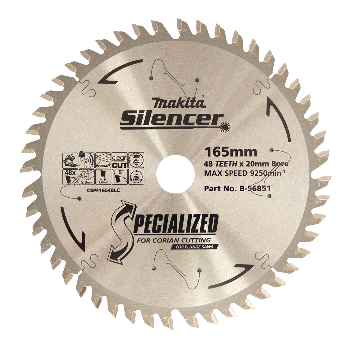 Makita Sawing Plunge Saw Tct Saw Blade 165mm X 20 X 48T / Corian 2mm Kerf | SKU B-56851