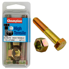Champion - HEX BOLTS & NUTS - HIGH TENSILE - 1/2" x 3" - UNC - GRADE 5 | BC74