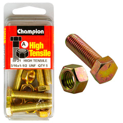 Champion - Hex Set Screws & Nuts - High Tensile - 5/16" x 1 - 1/2" - UNF - Grade 5 | BF21