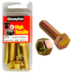 Champion - Hex Set Screws & Nuts - High Tensile - 3/8" x 1 - 1/2" - UNF - Grade 5 | BF36
