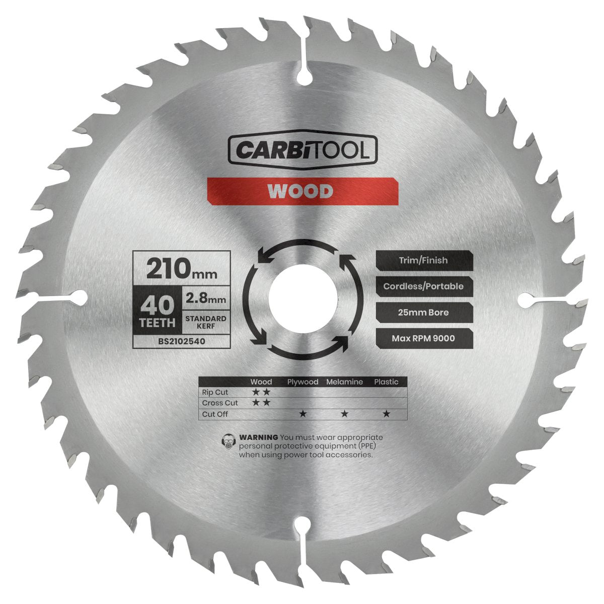 Carbitool - Blade Circular Saw 40T Arbor 25mm Standard Kerf 210mm | BS2102540