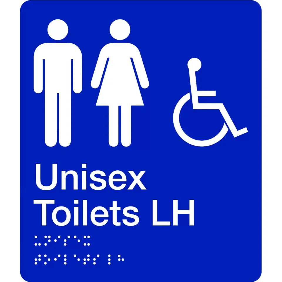 Uniform Safety Signs - 180x210mm - Braille - Blue PVC - Unisex Accessible Toilets (Left Hand) | BTS009-LH