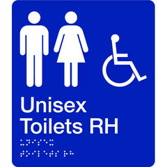 Uniform Safety Signs - 180x210mm - Braille - Silver PVC - Unisex Accessible Toilets (Right Hand) | BTS009B-RH