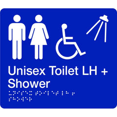 Uniform Safety Signs - 180x210mm - Braille - Blue PVC - Unisex Accessible Toilet and Shower (Left Hand) | BTS011-LH