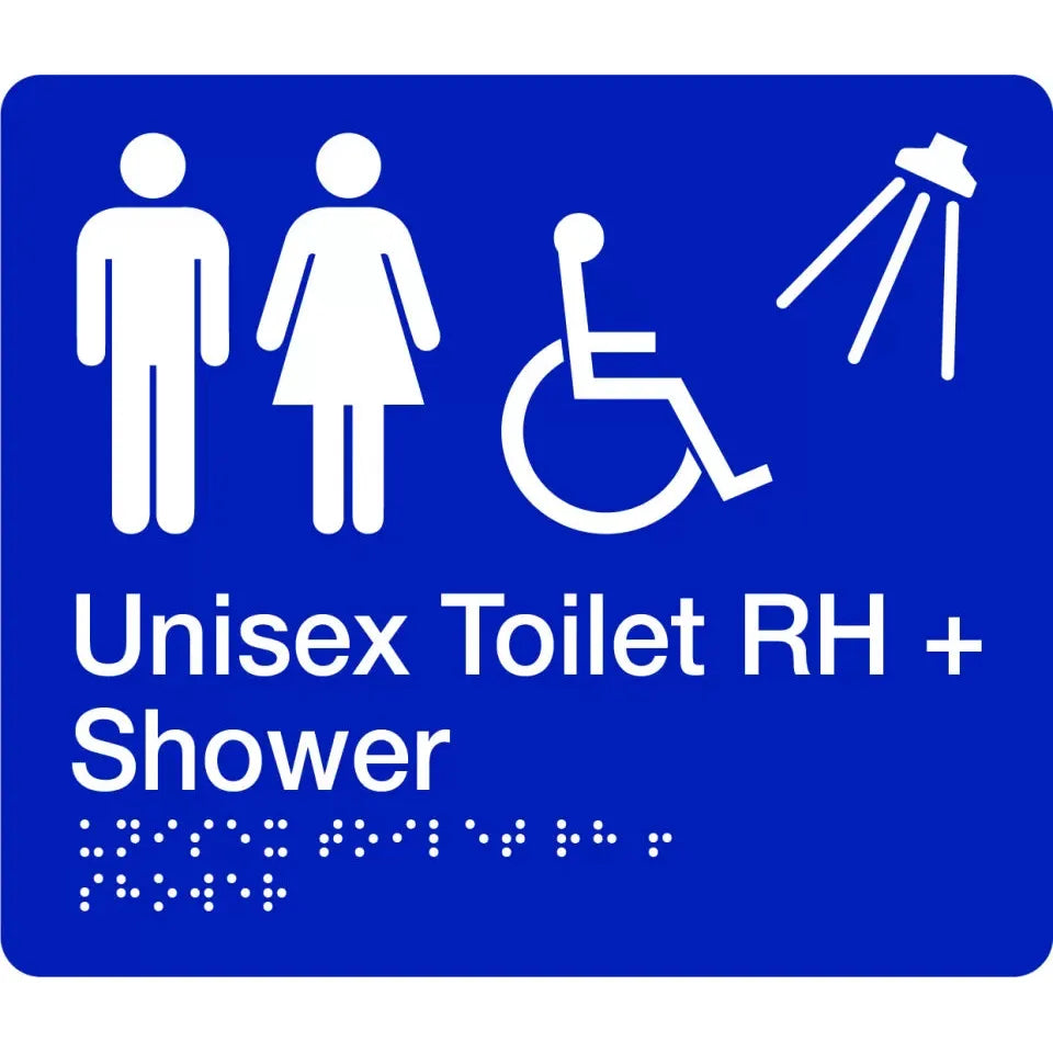 Uniform Safety Signs - 180x210mm - Braille - Blue PVC - Unisex Accessible Toilet and Shower (Right Hand) | BTS011-RH