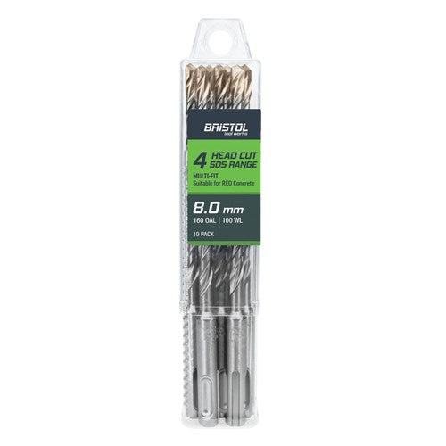 BRISTOL 8.0 x 160mm Bristol SDS Plus 4 Cutter Masonry Drill | 10 Pack 8.0x160mm