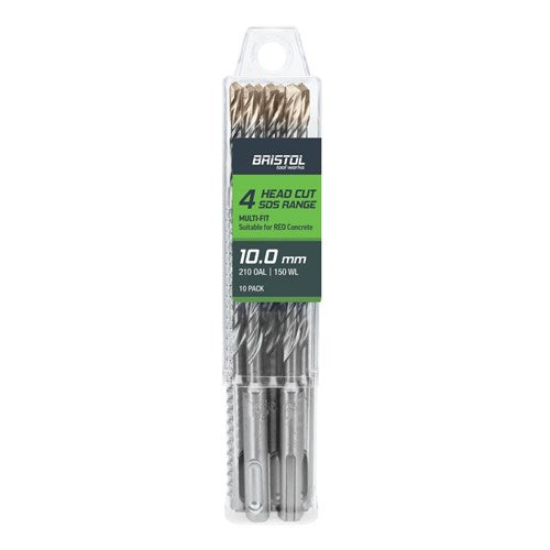 BRISTOL 10.0 x 210mm Bristol SDS Plus 4 Cutter Masonry Drill | 10 Pack 10.0x210mm