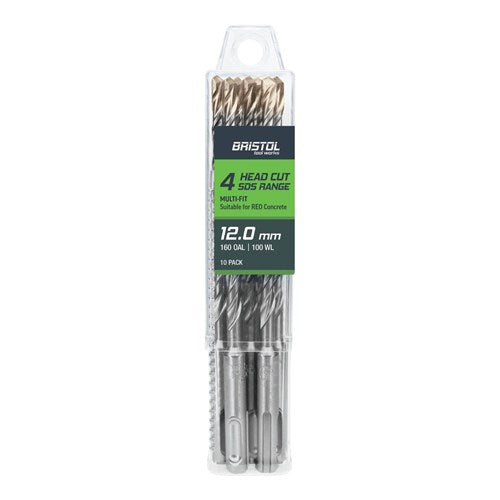 BRISTOL 12.0 x 160mm Bristol SDS Plus 4 Cutter Masonry Drill | 10 Pack 12.0x160mm