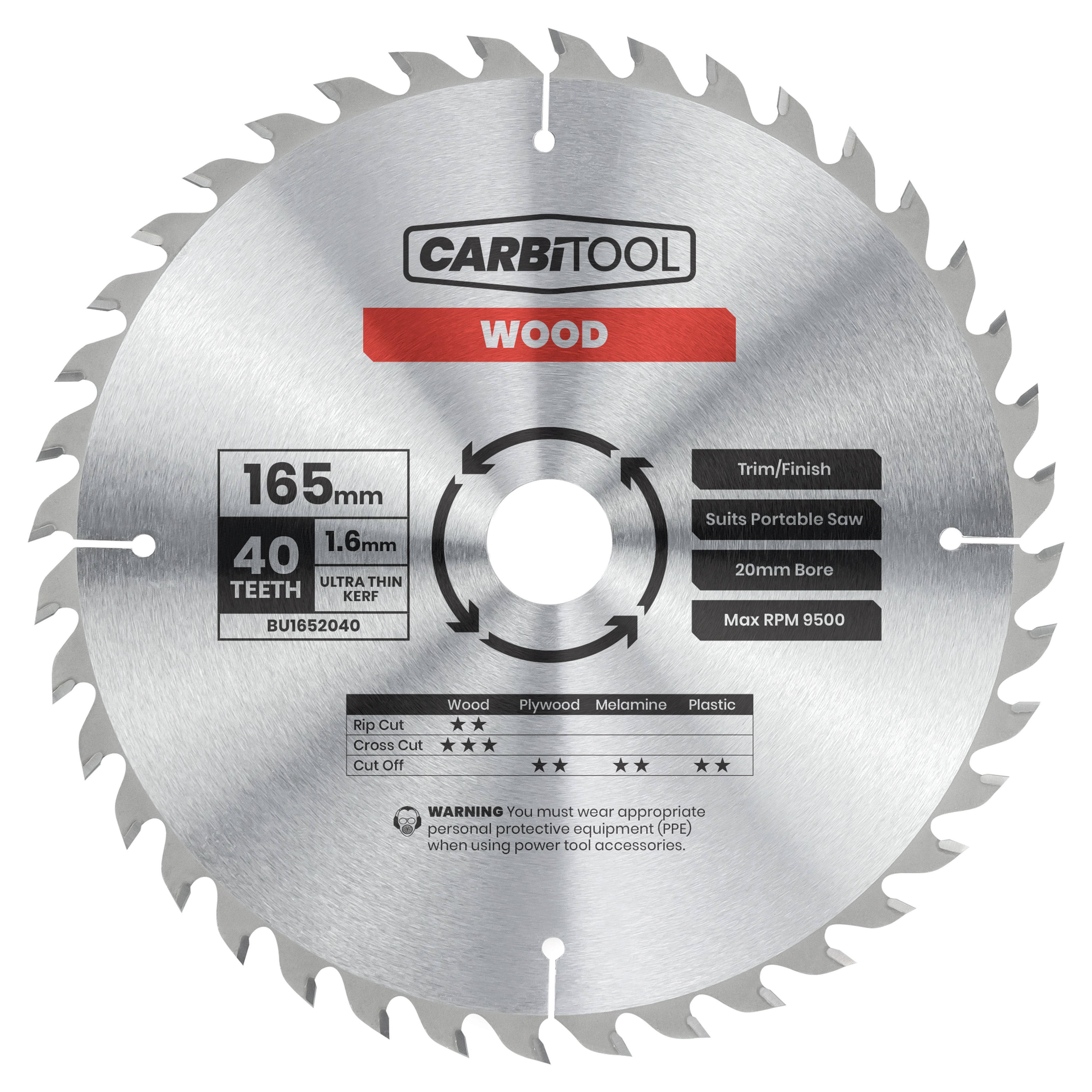 Carbitool - Blade Circular Saw 40T Arbor 20mm Ultra Thin Kerf 165mm | BU1652040