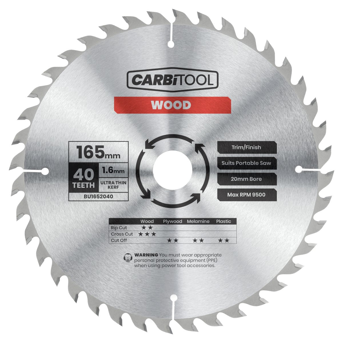 Carbitool - Blade Circular Saw 40T Arbor 20mm Ultra Thin Kerf 165mm | BU1652040