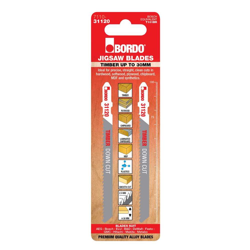 Bordo - 100mm x 2.5T HCS T-Shank Down Cut Jigsaw Blade - 2Pk | 7110-31120
