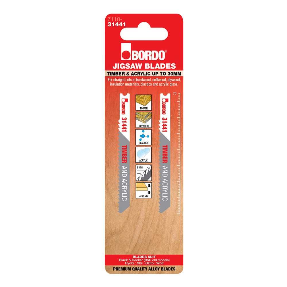 Bordo - 75mm x 2.0T HCS Uni Shank Straight Cut Jigsaw Blade - 2Pk | 7110-31441
