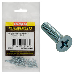 Champion - Machine Screws - Countersunk - Phillips - M3 x 20mm - Zinc Plated | C1786-1