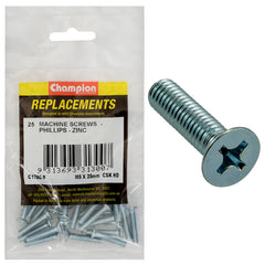 Champion - Machine Screws - Countersunk - Phillips - M5 x 25mm - Zinc Plated | C1786-8