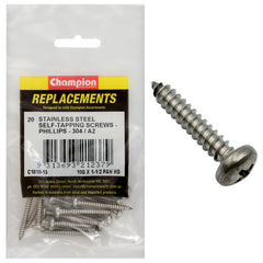 Champion - Self Tapping Screws - Pan - Phillips Stainless Steel 4.8 x 38mm - 304/a2 | C1810-15