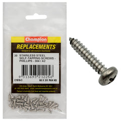Champion - Self Tapping Screws - Pan - Phillips Stainless Steel 3.5 x 9.5mm - 304/a2 | C1810-3