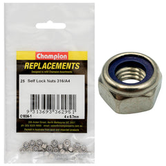 Champion - HEX NUTS-SELF LOCKING-NYLON INSERT-STAINLESS STEEL-M4 x 0.70mm-316/A4 | C1836-1