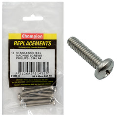 Champion - Machine Screws - Pan - Phillips Stainless Steel M6 x 45mm - 316/a4 | C1888-12