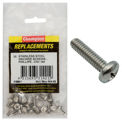 Champion - Machine Screws - Pan - Phillips Stainless Steel M5 x 10mm - 316/a4 | C1888-1