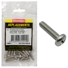 Champion - Machine Screws - Pan - Phillips Stainless Steel M5 x 25mm - 316/a4 | C1888-4