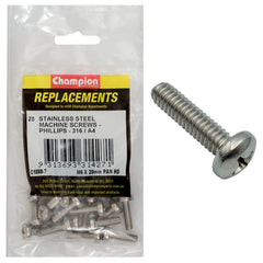 Champion - Machine Screws - Pan - Phillips Stainless Steel M6 x 20mm - 316/a4 | C1888-7