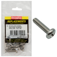 Champion - Machine Screws - Pan - Phillips Stainless Steel M6 x 30mm - 316/a4 | C1888-9