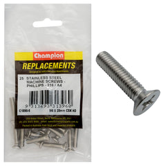 Champion - Machine Screws - Countersunk - Phillips Stainless Steel M6 x 25mm - 316/a4 | C1890-6