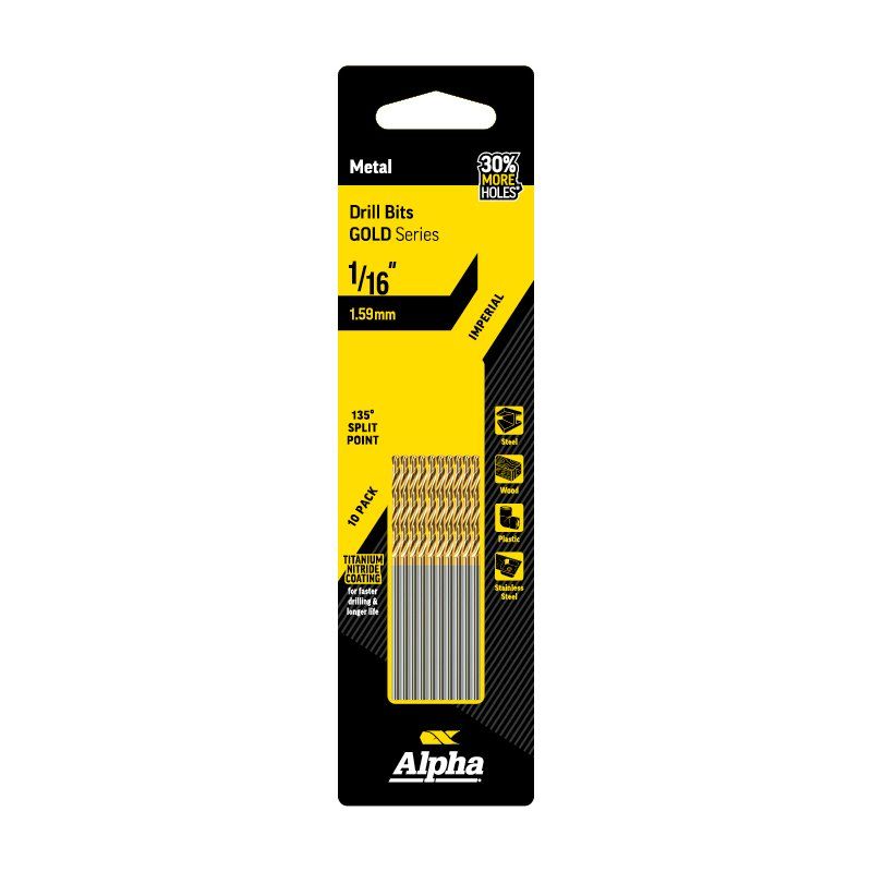 ALPHA 1/16in (1.59mm) Jobber Drill Bit - Gold Series 10 pce Trade Pack 1/16in