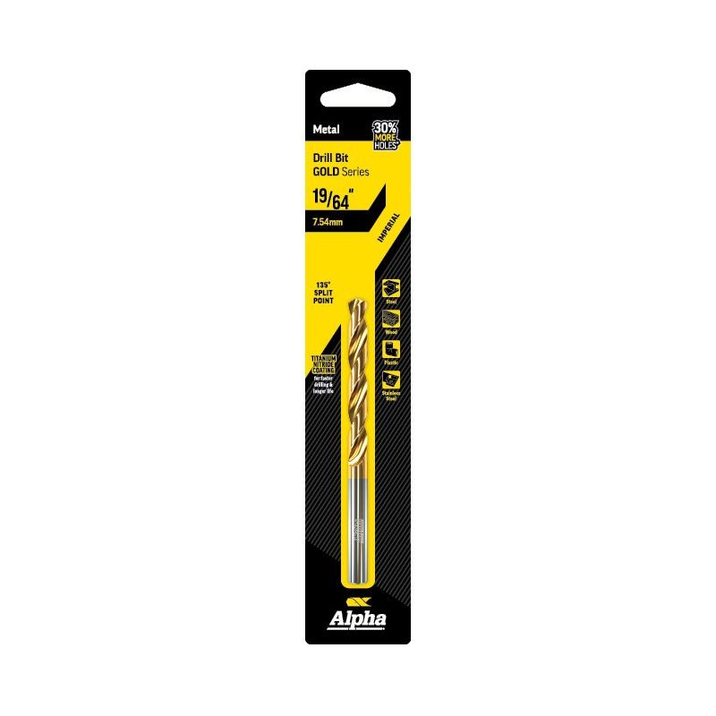ALPHA 19/64in (7.54mm) Jobber Drill Bit Carded - Gold Series 19/64in