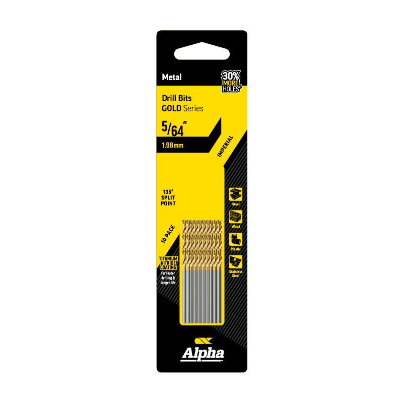 ALPHA 5/64in (1.98mm) Jobber Drill Bit - Gold Series 10 pce Trade Pack 5/64in