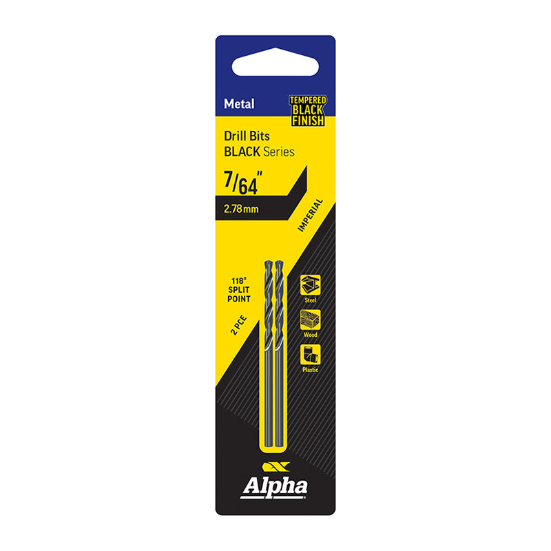 ALPHA 7/64in (2.78mm) Jobber Drill Bit Carded 2pk - Black Series 7/64in