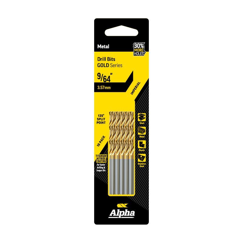 ALPHA 9/64in (3.57mm) Jobber Drill Bit - Gold Series 10 pce Trade Pack 9/64in