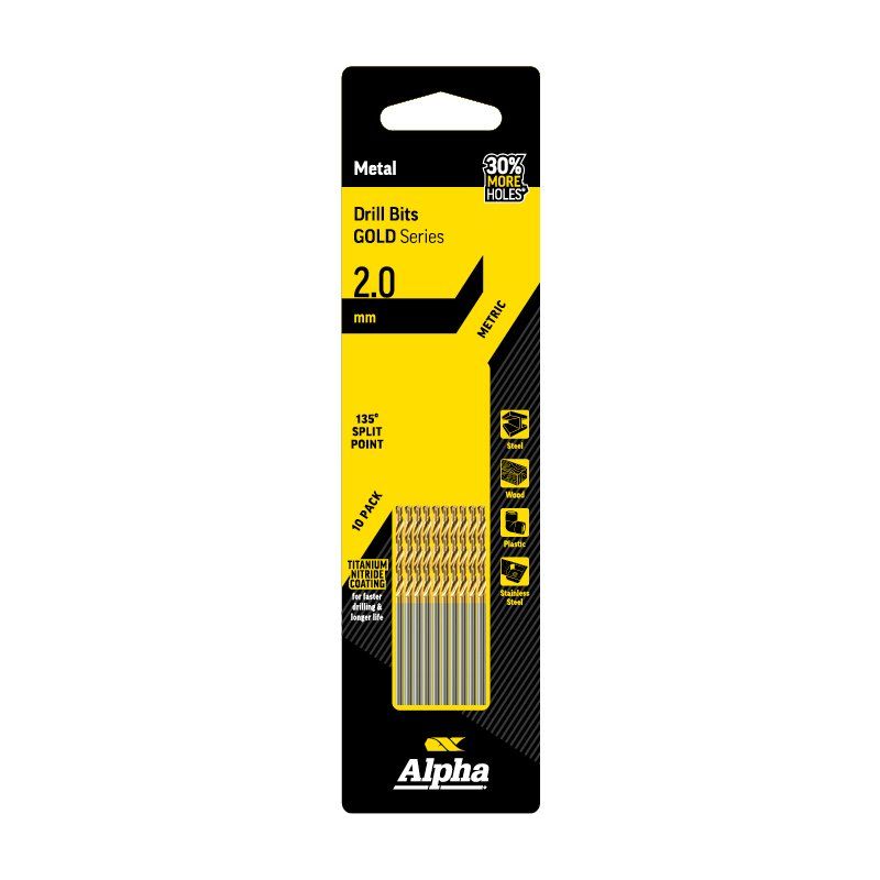 ALPHA 2mm Jobber Drill Bit - Gold Series 10 pce Trade Pack 2mm