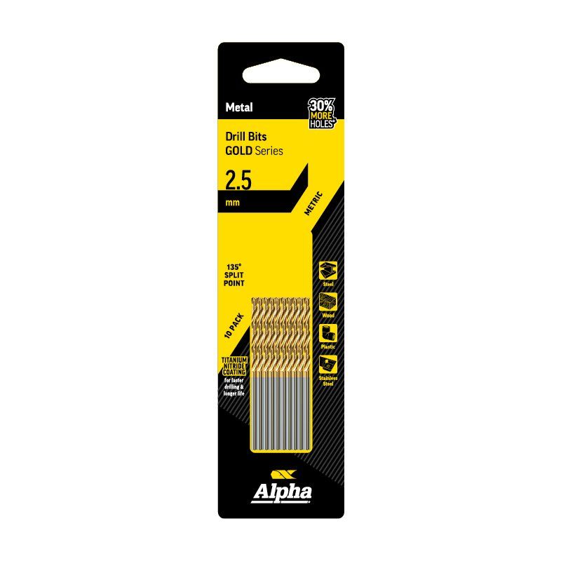 ALPHA 2.5mm Jobber Drill Bit - Gold Series 10 pce Trade Pack 2.5mm