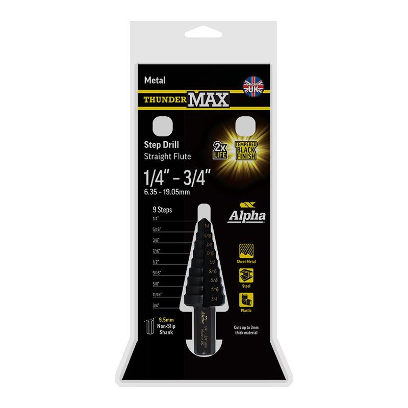 ThunderMax Step Drill Straight Flute 1/4in -3/4in Imperial Carded ThunderMax Step