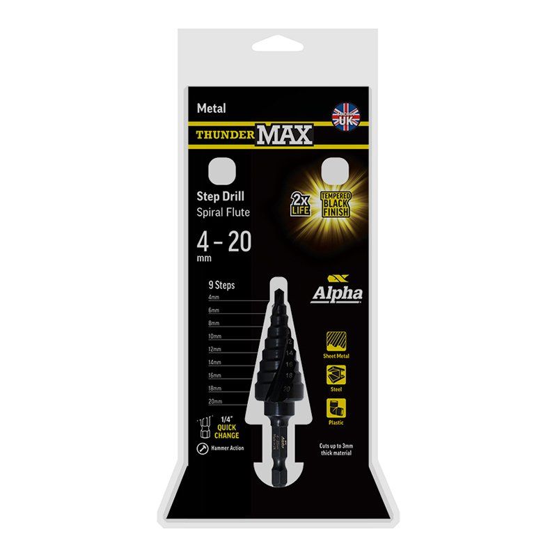 ThunderMax Step Drill Spiral Flute 4-20mm Metric Impact Shank Carded ThunderMax Step