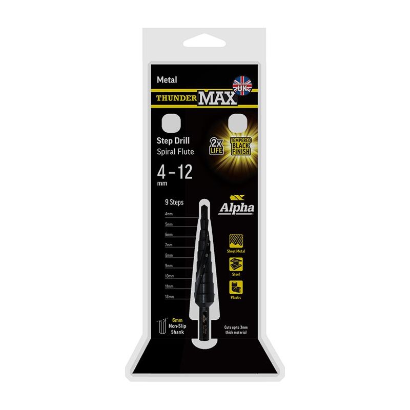 ThunderMax Step Drill Spiral Flute 4-12mm Metric Carded ThunderMax Step
