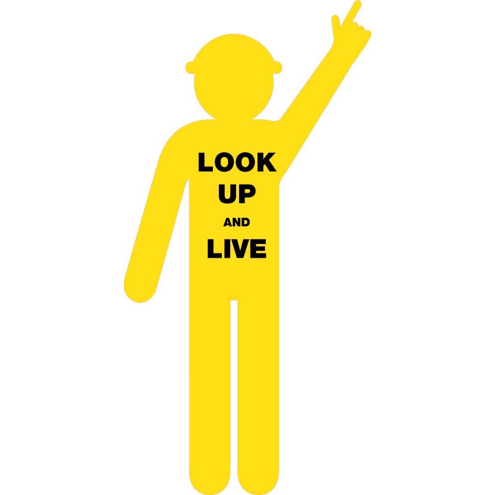 Uniform Safety Signs - 1800x900mm - Corflute - Yellow Cut Out Safety Construction Worker [Arms Up - Finger Pointing] Print LOOK UP AND LIVE [FREIGHT CHARGES APPLY] | COM004
