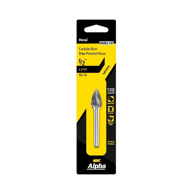 1/2in Tree Pointed Nose Carbide Burr, 1/4in shank dia. Carded