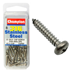 Champion - SELF TAPP SCREWS-PAN-PHILLIPS-STAINLESS STEEL-2.9x16mm-316/A4 | CSP09