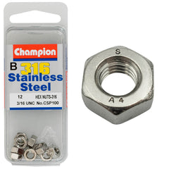 Champion - HEX PLAIN NUTS-STAINLESS STEEL-3/16"-UNC-316/A4 | CSP100