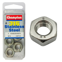 Champion - HEX PLAIN NUTS-STAINLESS STEEL-M10x1.50mm-316/A4 | CSP112