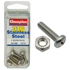 Champion - MACHINE SCREWS PAN PHILLIPS STAINLESS STEEL M5 x 16mm 316/A4 | CSP123