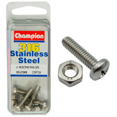 Champion - MACHINE SCREWS PAN PHILLIPS STAINLESS STEEL M5 x 20mm 316/A4 | CSP124