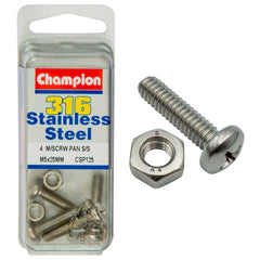 Champion - MACHINE SCREWS PAN PHILLIPS STAINLESS STEEL M5 x 25mm 316/A4 | CSP125