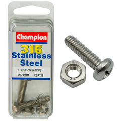 Champion - MACHINE SCREWS PAN PHILLIPS STAINLESS STEEL M6 x 30mm 316/A4 | CSP126