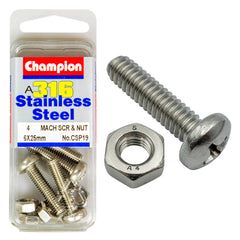 Champion - MACHINE SCREWS & NUTS-PAN-PHILLIPS-STAINLESS STEEL-M6x25mm & M6x1.00mm-316/A4 | CSP19