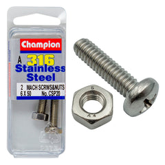 Champion - MACHINE SCREWS & NUTS-PAN-PHILLIPS-STAINLESS STEEL-M6x50mm & M6x1.00mm-316/A4 | CSP20