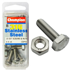 Champion - HEX SET SCREWS & NUTS-STAINLESS STEEL-M6x16mm & M6x1.00mm-316/A4 | CSP41