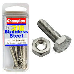 Champion - Hex Set Screws & Nuts-Stainless Steel-M6x40mm & M6x1.00mm-316/A4 | CSP43